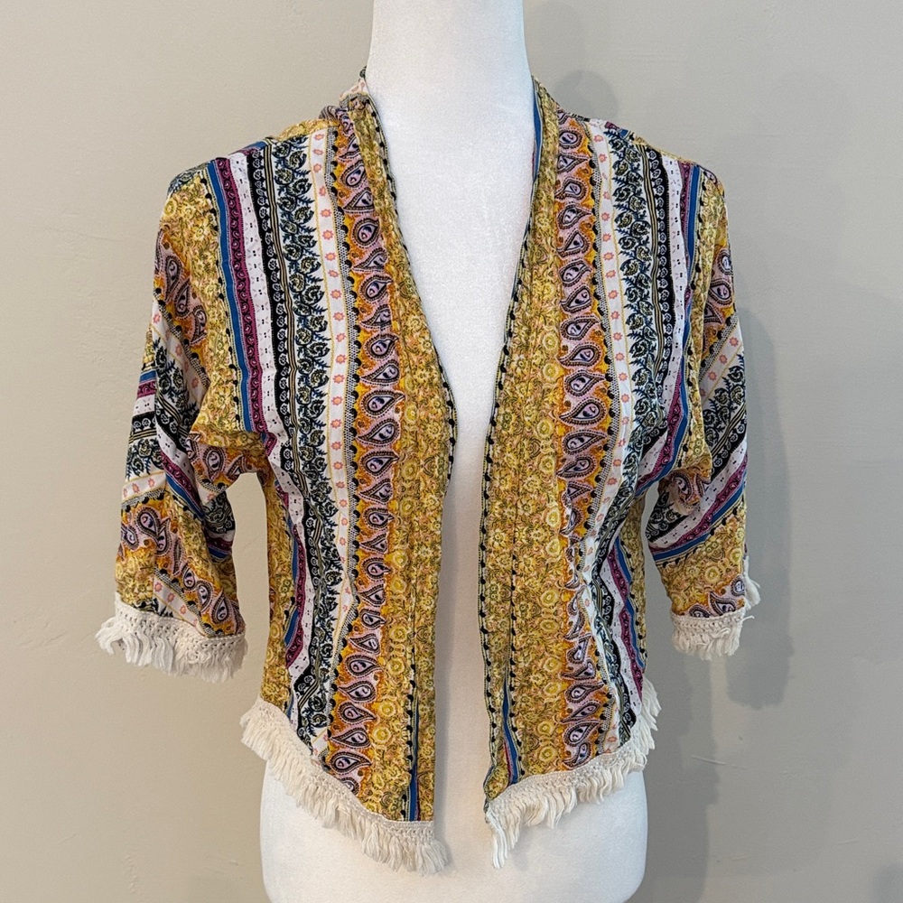 Xhilaration Women's XL Boho Kimono W/Fringe, paisley & floral pattern